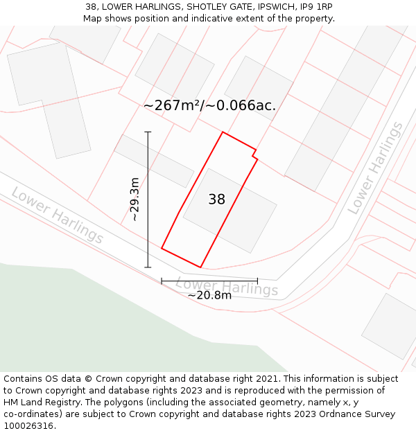 38, LOWER HARLINGS, SHOTLEY GATE, IPSWICH, IP9 1RP: Plot and title map