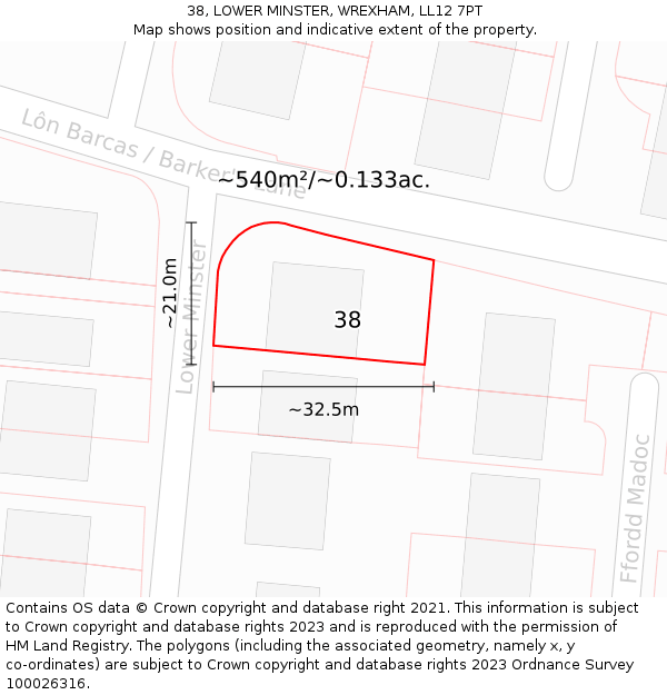 38, LOWER MINSTER, WREXHAM, LL12 7PT: Plot and title map