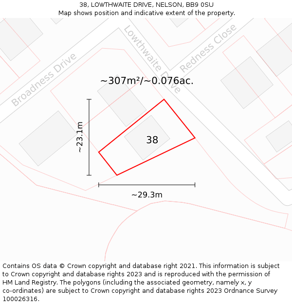 38, LOWTHWAITE DRIVE, NELSON, BB9 0SU: Plot and title map