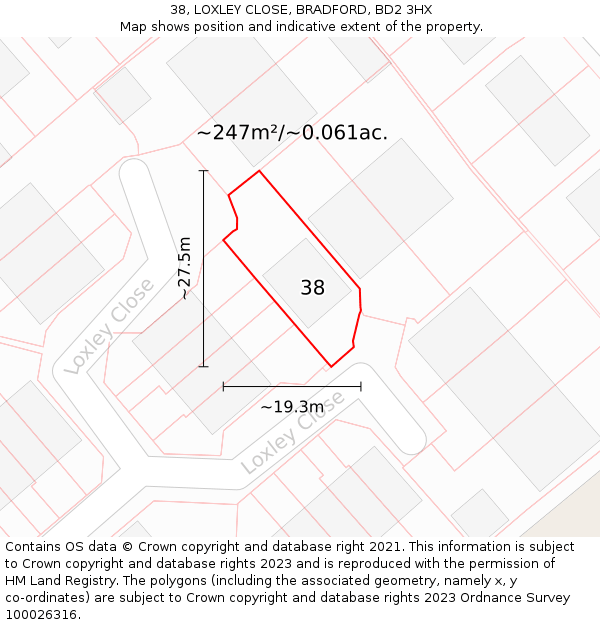 38, LOXLEY CLOSE, BRADFORD, BD2 3HX: Plot and title map