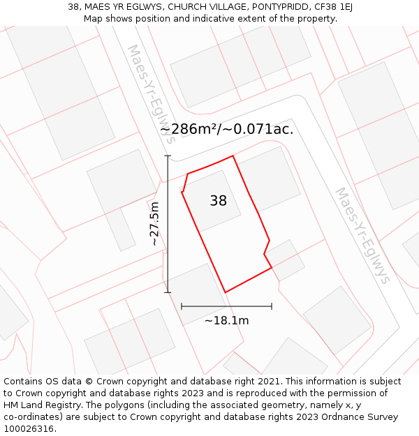 38, MAES YR EGLWYS, CHURCH VILLAGE, PONTYPRIDD, CF38 1EJ: Plot and title map