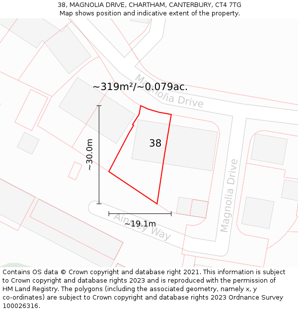 38, MAGNOLIA DRIVE, CHARTHAM, CANTERBURY, CT4 7TG: Plot and title map