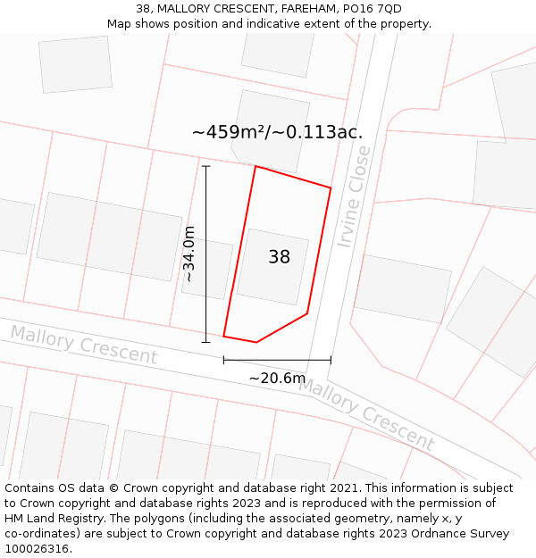 38, MALLORY CRESCENT, FAREHAM, PO16 7QD: Plot and title map