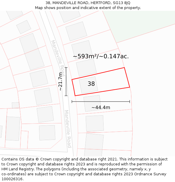 38, MANDEVILLE ROAD, HERTFORD, SG13 8JQ: Plot and title map