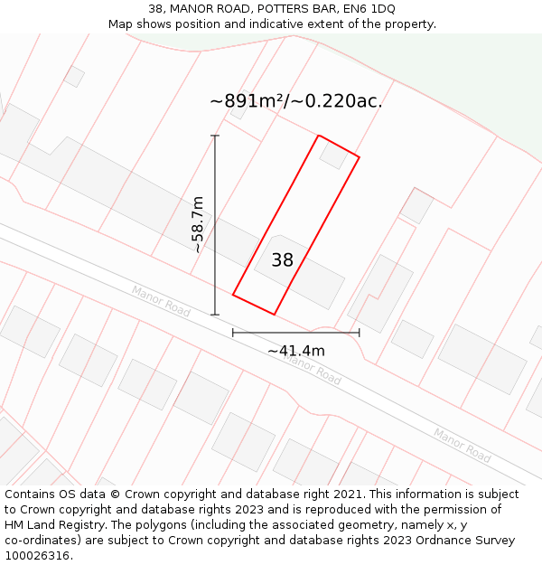 38, MANOR ROAD, POTTERS BAR, EN6 1DQ: Plot and title map