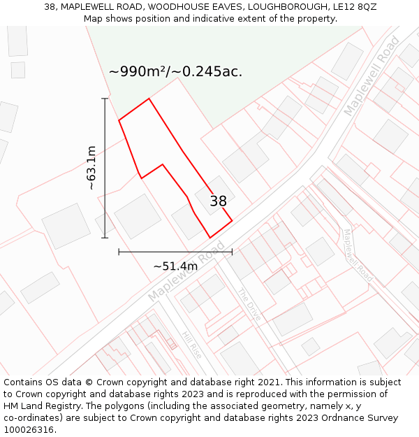 38, MAPLEWELL ROAD, WOODHOUSE EAVES, LOUGHBOROUGH, LE12 8QZ: Plot and title map