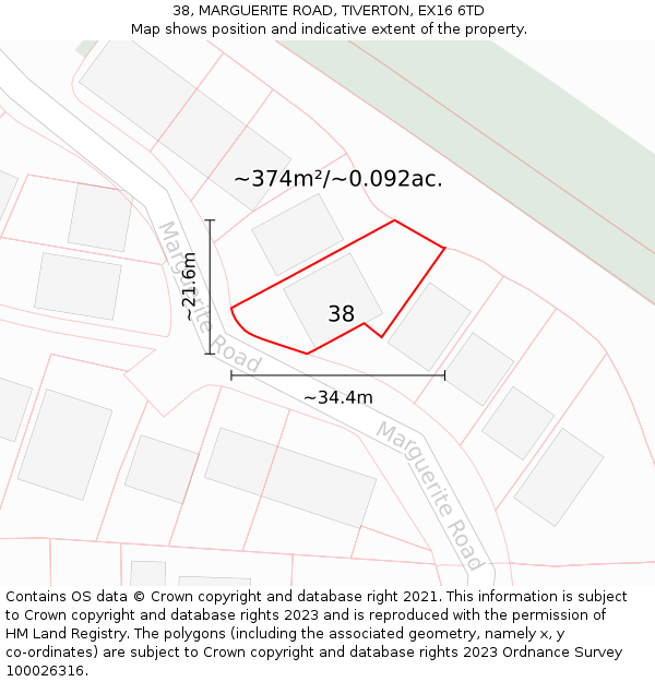 38, MARGUERITE ROAD, TIVERTON, EX16 6TD: Plot and title map