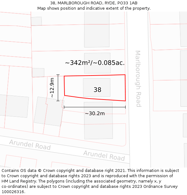 38, MARLBOROUGH ROAD, RYDE, PO33 1AB: Plot and title map