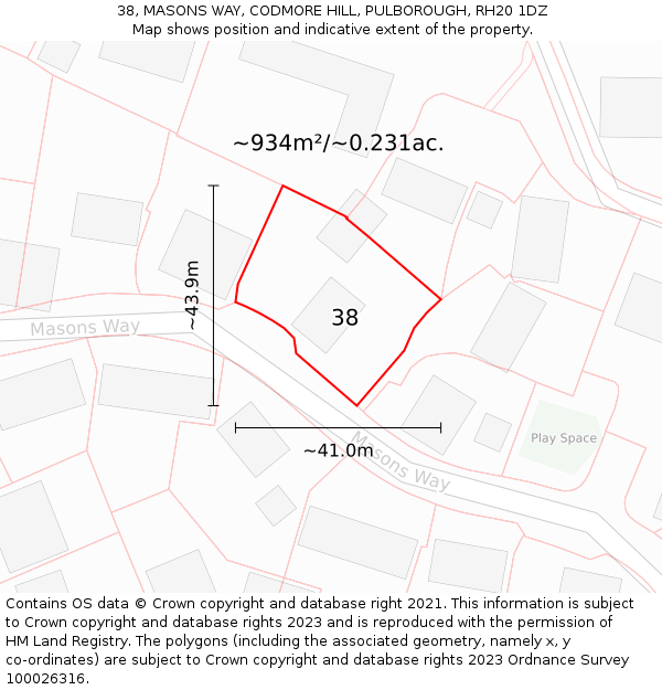 38, MASONS WAY, CODMORE HILL, PULBOROUGH, RH20 1DZ: Plot and title map