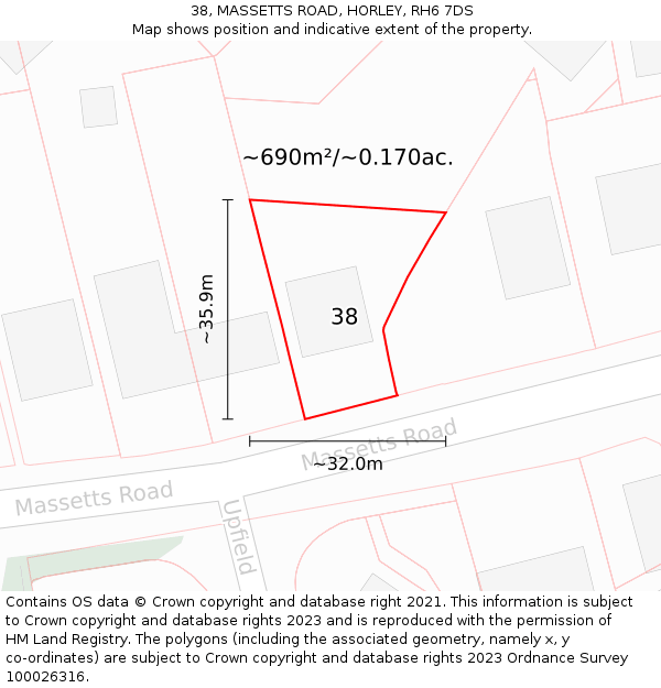 38, MASSETTS ROAD, HORLEY, RH6 7DS: Plot and title map