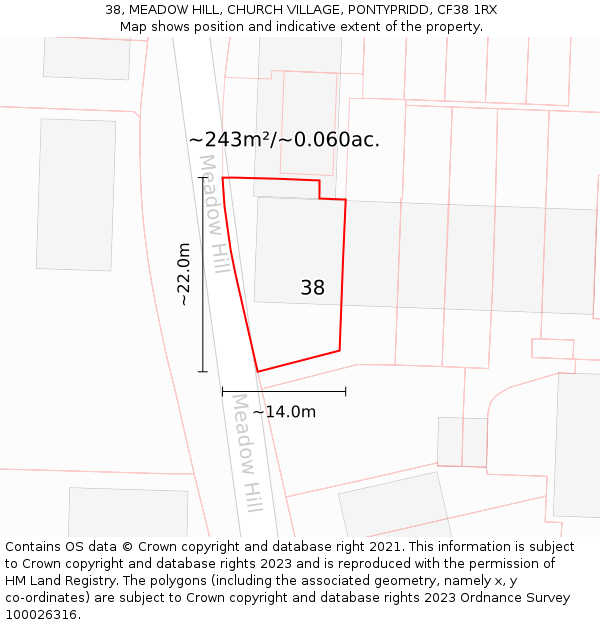 38, MEADOW HILL, CHURCH VILLAGE, PONTYPRIDD, CF38 1RX: Plot and title map
