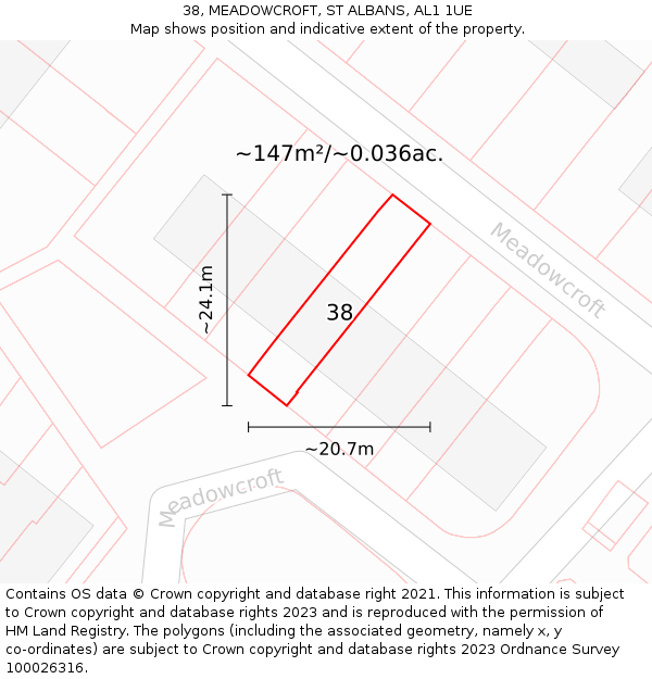 38, MEADOWCROFT, ST ALBANS, AL1 1UE: Plot and title map