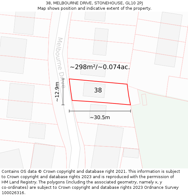 38, MELBOURNE DRIVE, STONEHOUSE, GL10 2PJ: Plot and title map