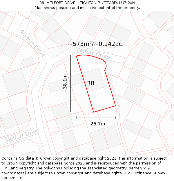 38, MELFORT DRIVE, LEIGHTON BUZZARD, LU7 2XN: Plot and title map