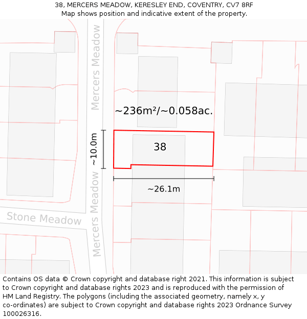 38, MERCERS MEADOW, KERESLEY END, COVENTRY, CV7 8RF: Plot and title map