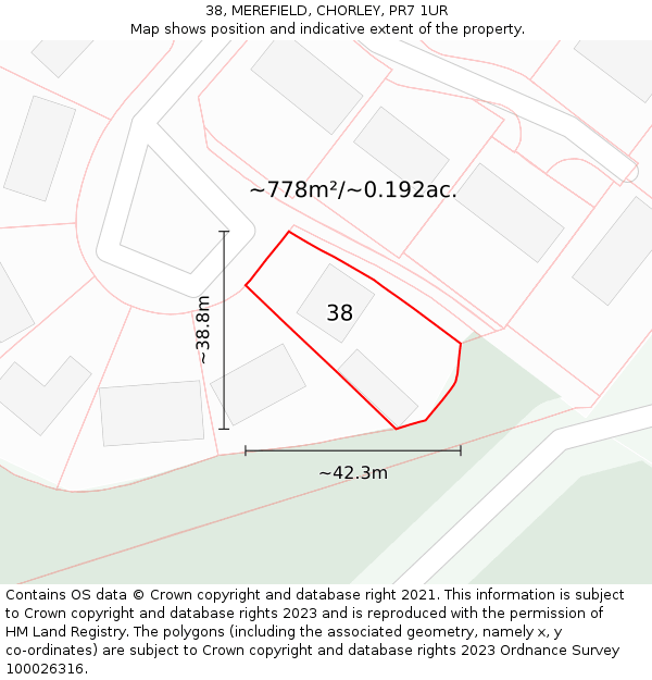 38, MEREFIELD, CHORLEY, PR7 1UR: Plot and title map