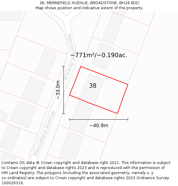 38, MERRIEFIELD AVENUE, BROADSTONE, BH18 8DD: Plot and title map