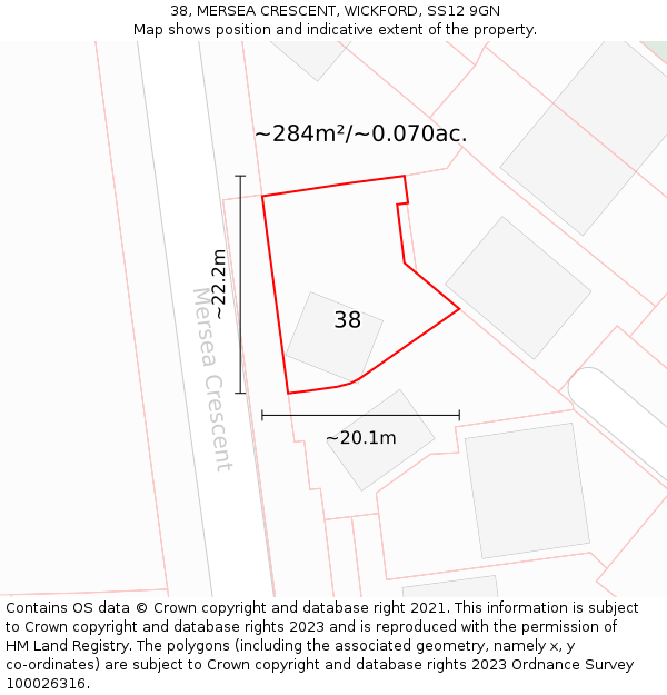 38, MERSEA CRESCENT, WICKFORD, SS12 9GN: Plot and title map