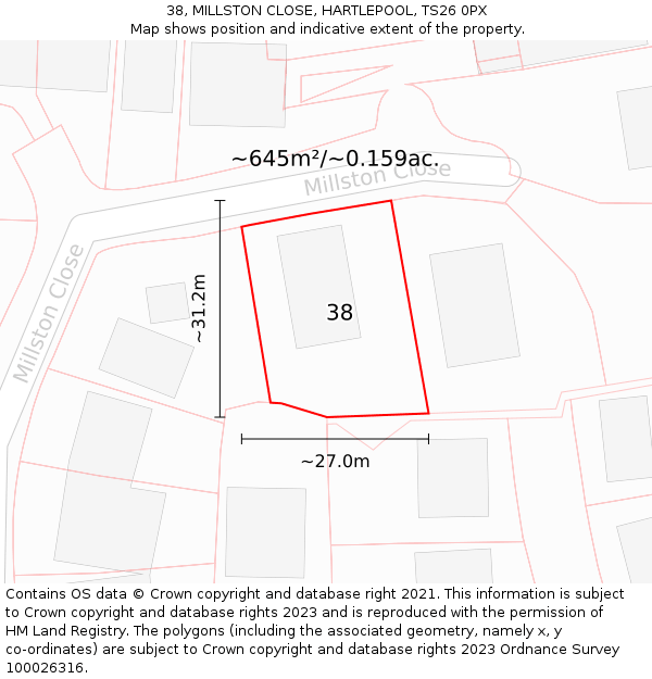 38, MILLSTON CLOSE, HARTLEPOOL, TS26 0PX: Plot and title map