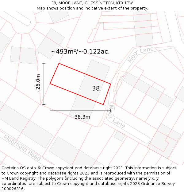 38, MOOR LANE, CHESSINGTON, KT9 1BW: Plot and title map