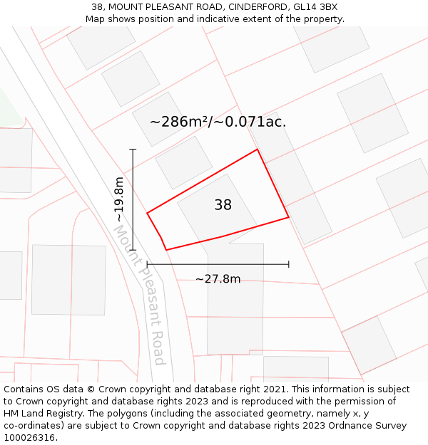 38, MOUNT PLEASANT ROAD, CINDERFORD, GL14 3BX: Plot and title map