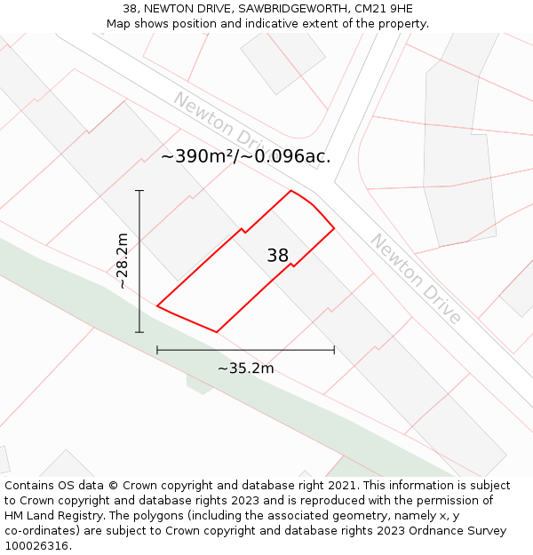 38, NEWTON DRIVE, SAWBRIDGEWORTH, CM21 9HE: Plot and title map