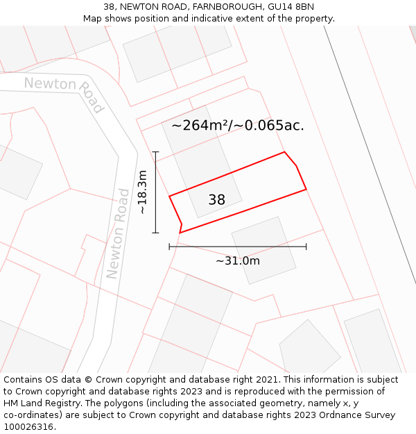 38, NEWTON ROAD, FARNBOROUGH, GU14 8BN: Plot and title map