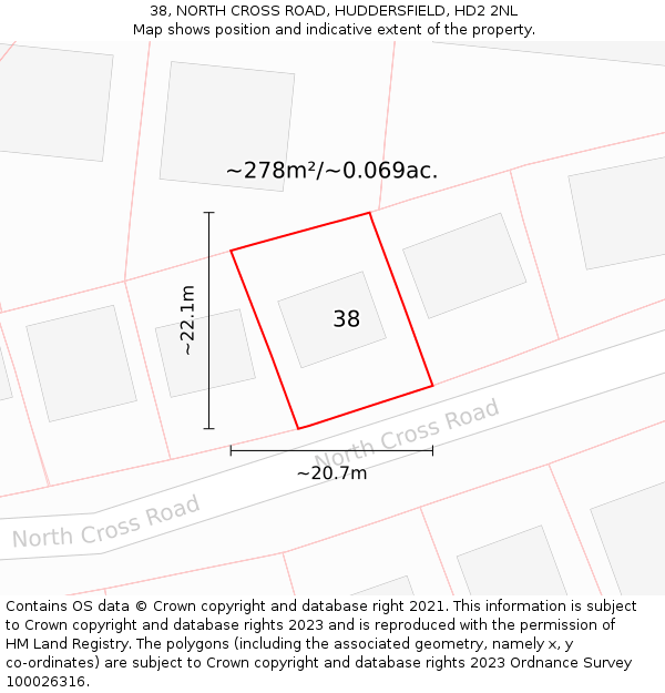 38, NORTH CROSS ROAD, HUDDERSFIELD, HD2 2NL: Plot and title map