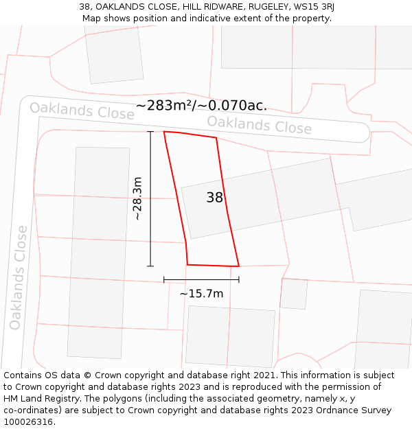 38, OAKLANDS CLOSE, HILL RIDWARE, RUGELEY, WS15 3RJ: Plot and title map