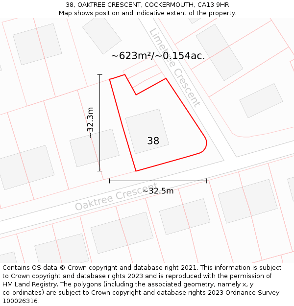 38, OAKTREE CRESCENT, COCKERMOUTH, CA13 9HR: Plot and title map