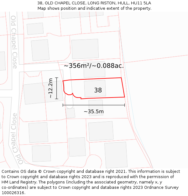 38, OLD CHAPEL CLOSE, LONG RISTON, HULL, HU11 5LA: Plot and title map