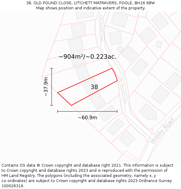 38, OLD POUND CLOSE, LYTCHETT MATRAVERS, POOLE, BH16 6BW: Plot and title map