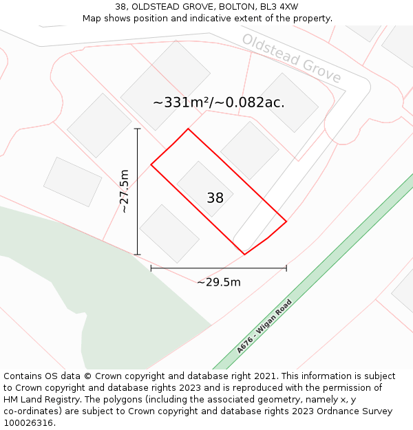 38, OLDSTEAD GROVE, BOLTON, BL3 4XW: Plot and title map