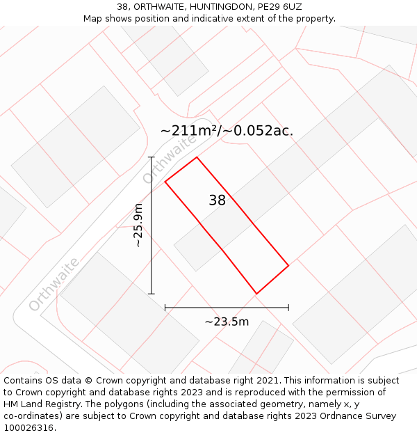 38, ORTHWAITE, HUNTINGDON, PE29 6UZ: Plot and title map