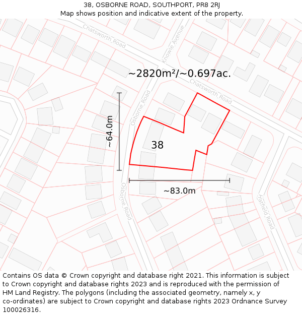 38, OSBORNE ROAD, SOUTHPORT, PR8 2RJ: Plot and title map