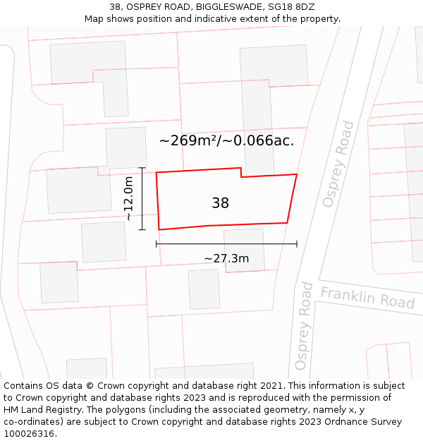 38, OSPREY ROAD, BIGGLESWADE, SG18 8DZ: Plot and title map