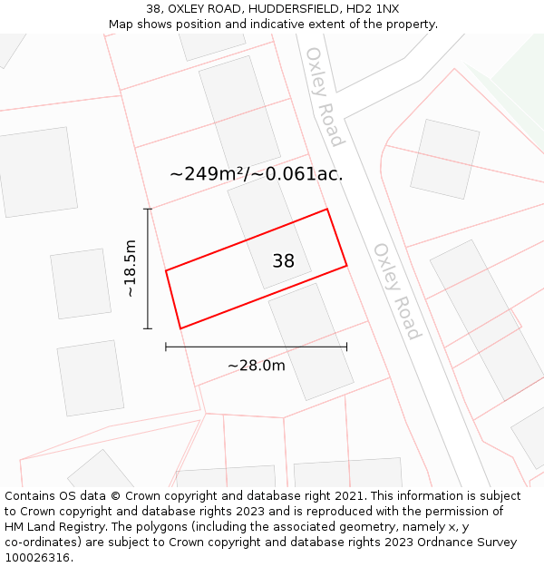 38, OXLEY ROAD, HUDDERSFIELD, HD2 1NX: Plot and title map