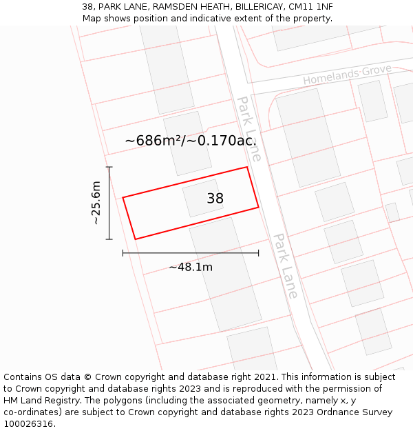 38, PARK LANE, RAMSDEN HEATH, BILLERICAY, CM11 1NF: Plot and title map