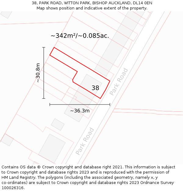 38, PARK ROAD, WITTON PARK, BISHOP AUCKLAND, DL14 0EN: Plot and title map