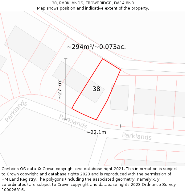 38, PARKLANDS, TROWBRIDGE, BA14 8NR: Plot and title map