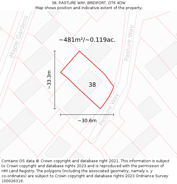 38, PASTURE WAY, BRIDPORT, DT6 4DW: Plot and title map