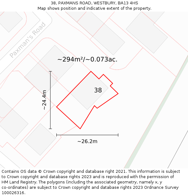 38, PAXMANS ROAD, WESTBURY, BA13 4HS: Plot and title map