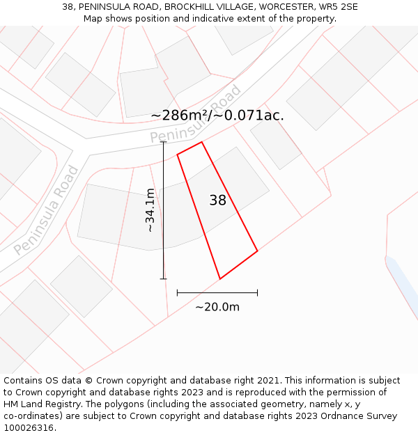 38, PENINSULA ROAD, BROCKHILL VILLAGE, WORCESTER, WR5 2SE: Plot and title map