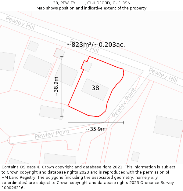 38, PEWLEY HILL, GUILDFORD, GU1 3SN: Plot and title map