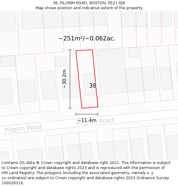 38, PILGRIM ROAD, BOSTON, PE21 6JW: Plot and title map