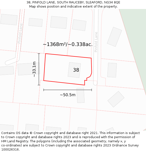 38, PINFOLD LANE, SOUTH RAUCEBY, SLEAFORD, NG34 8QE: Plot and title map