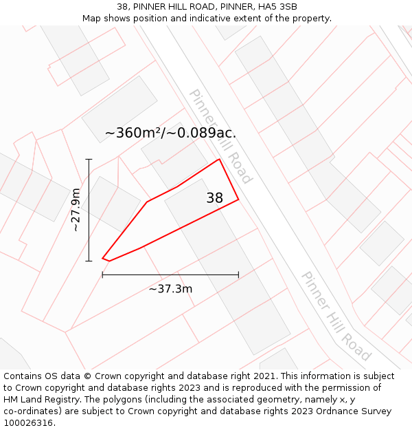 38, PINNER HILL ROAD, PINNER, HA5 3SB: Plot and title map