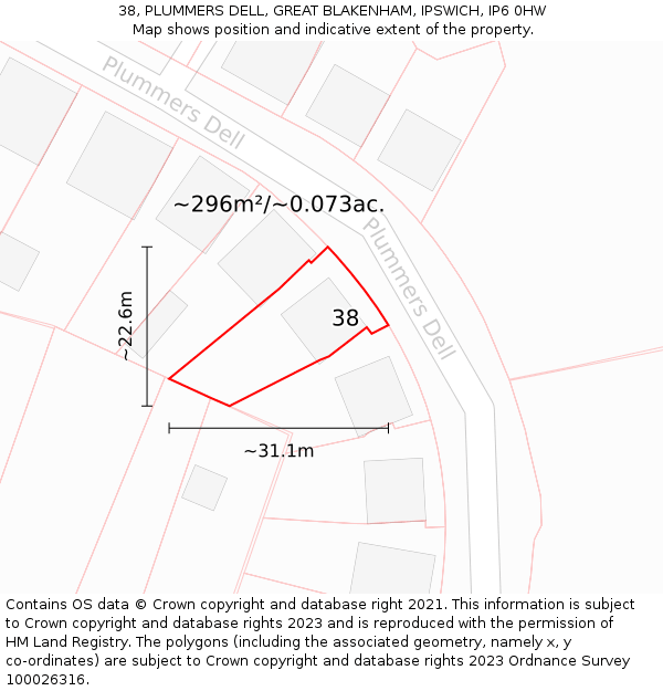 38, PLUMMERS DELL, GREAT BLAKENHAM, IPSWICH, IP6 0HW: Plot and title map