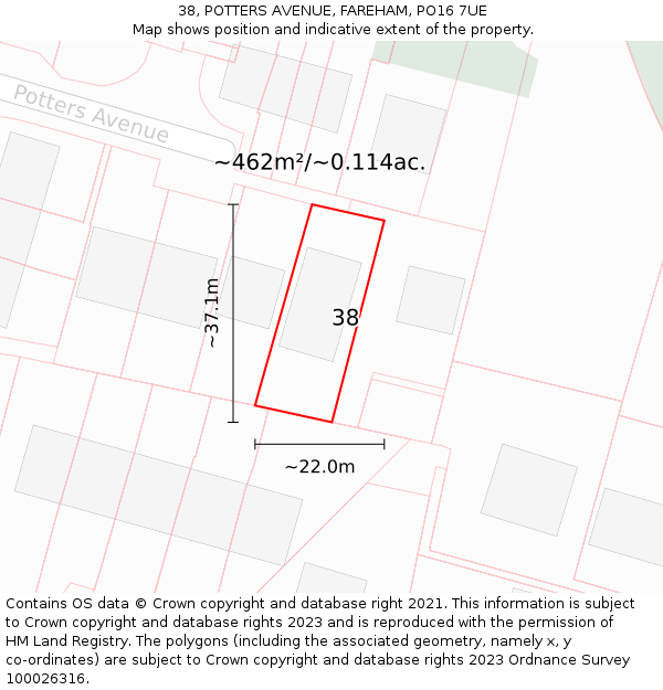 38, POTTERS AVENUE, FAREHAM, PO16 7UE: Plot and title map