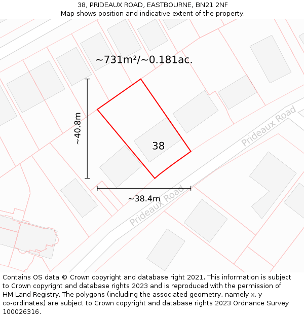 38, PRIDEAUX ROAD, EASTBOURNE, BN21 2NF: Plot and title map